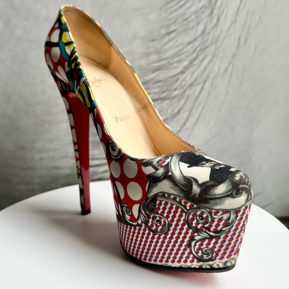 🌺CHRISTIAN LOUBOUTIN 👠Daffodil Multicolor 160mm Print Fabric Platform sz: 38.5 - Picture 6 of 17